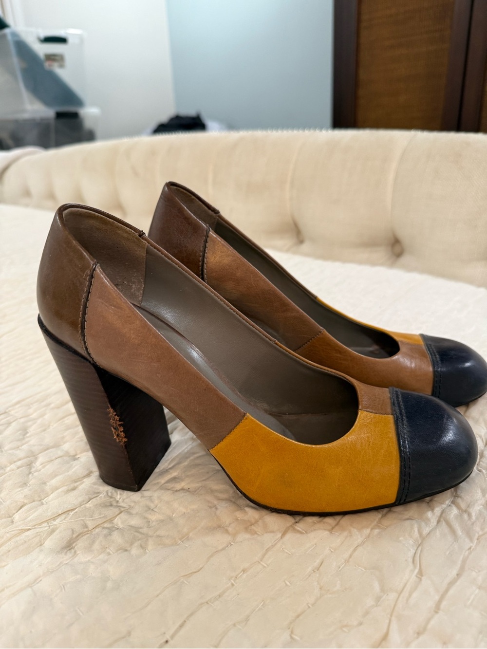 Tory Burch Brown, Mustard & Black Colorblock Leather Block Heels